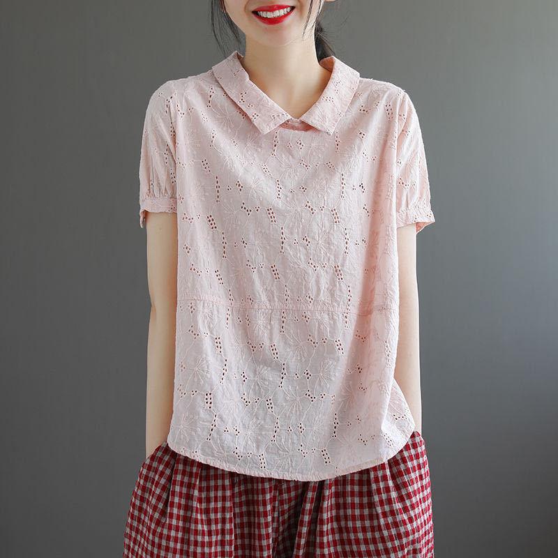 Baumwollkragenhemd Kurzarm-T-Shirt Damen Künstlerisch Retro Locker Schlankmachend Sommer-Top