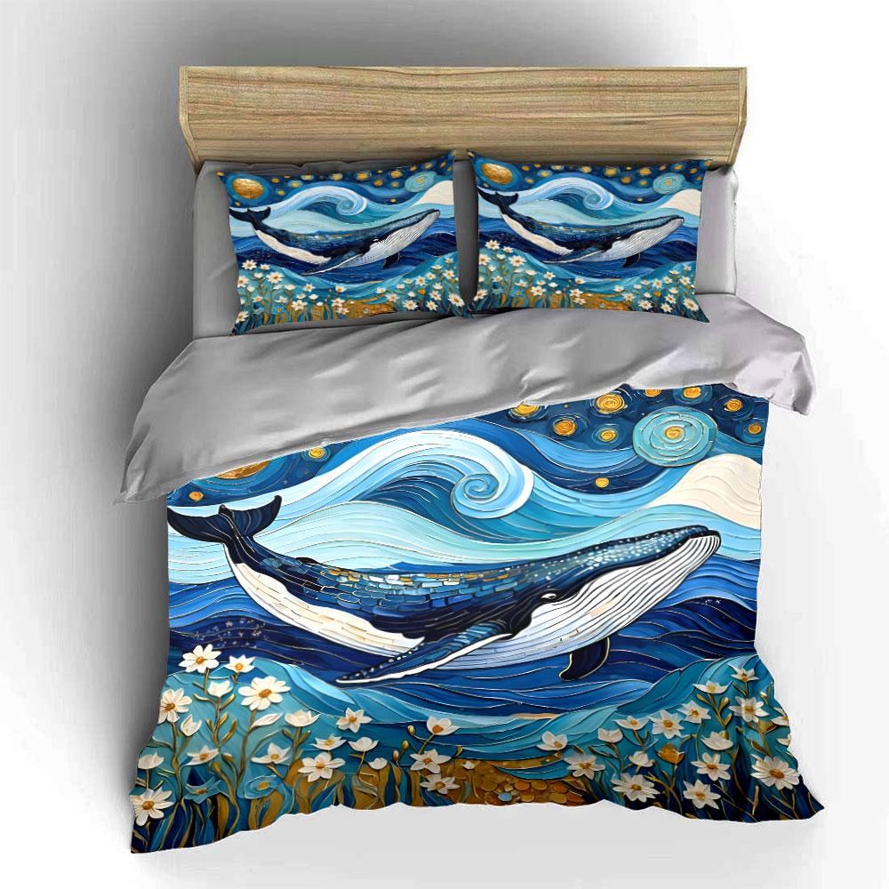 Whale, Waves, Flowers, Stars Print Bedding Set 1 Duvet Cover 2 Pillowcases for Adult and Children Luxury Gift Full Size