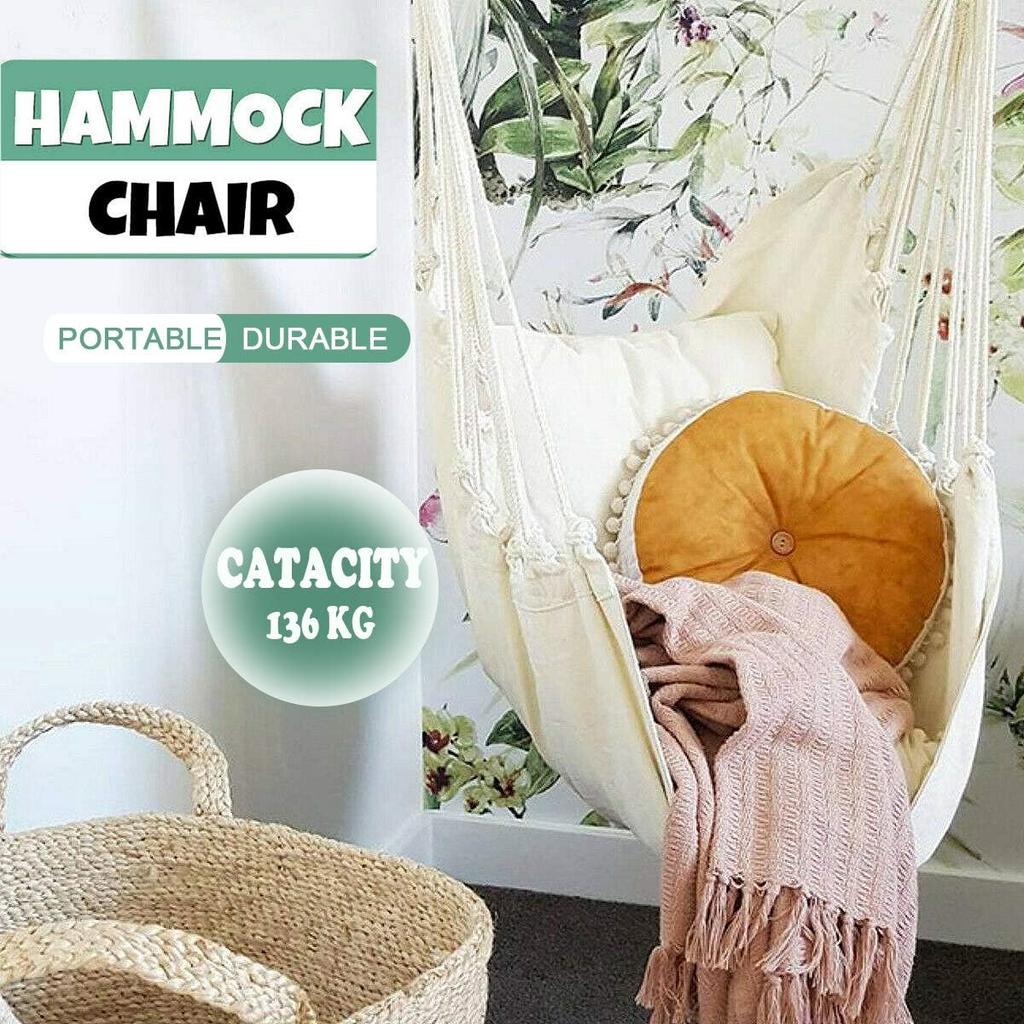 Hammock Chair Hanging Rope Swing Seat for Indoor Outdoor, Sturdy Cotton Weave Hammock Swing, Max 300Lbs Hanging Hammock Chair (Pole and Pillows NOT