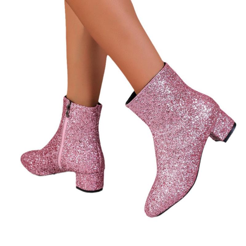 Botas Martin de tacón grueso con lentejuelas, suela blanda, cremallera lateral, talla grande, para primavera