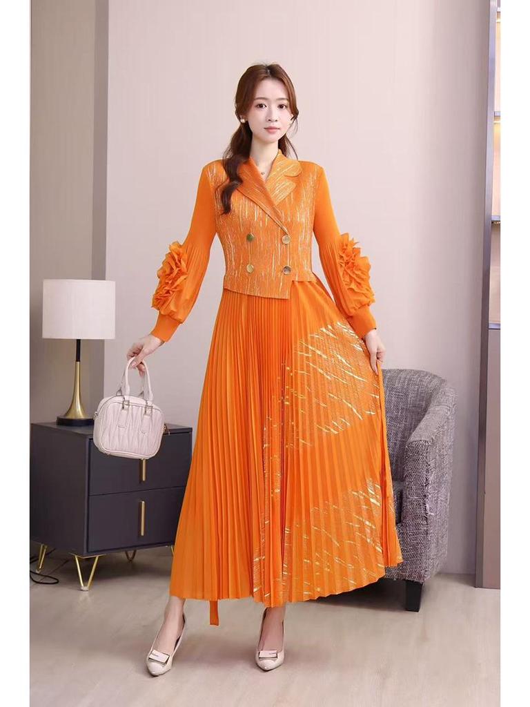 European and American Panhua 3D Floral Pleated Dress with Lantern Sleeves and Large Swing Skirt