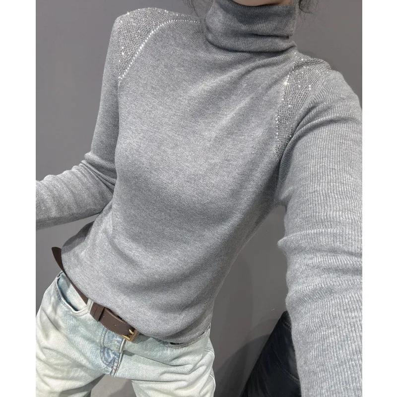 

Women s Turtleneck Knit Sweater Slim Fit Rhinestone Shoulder Detail Warm Pullover Top S сірий колір