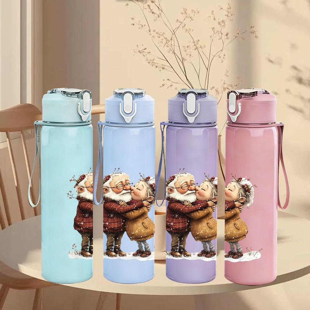 1PC Cute Santa Claus Retro Cartoon Pattern 750ml Color Plastic Sports Water Bottle Leakproof Flip Straw Lid Suitable for Sports Office Home Use