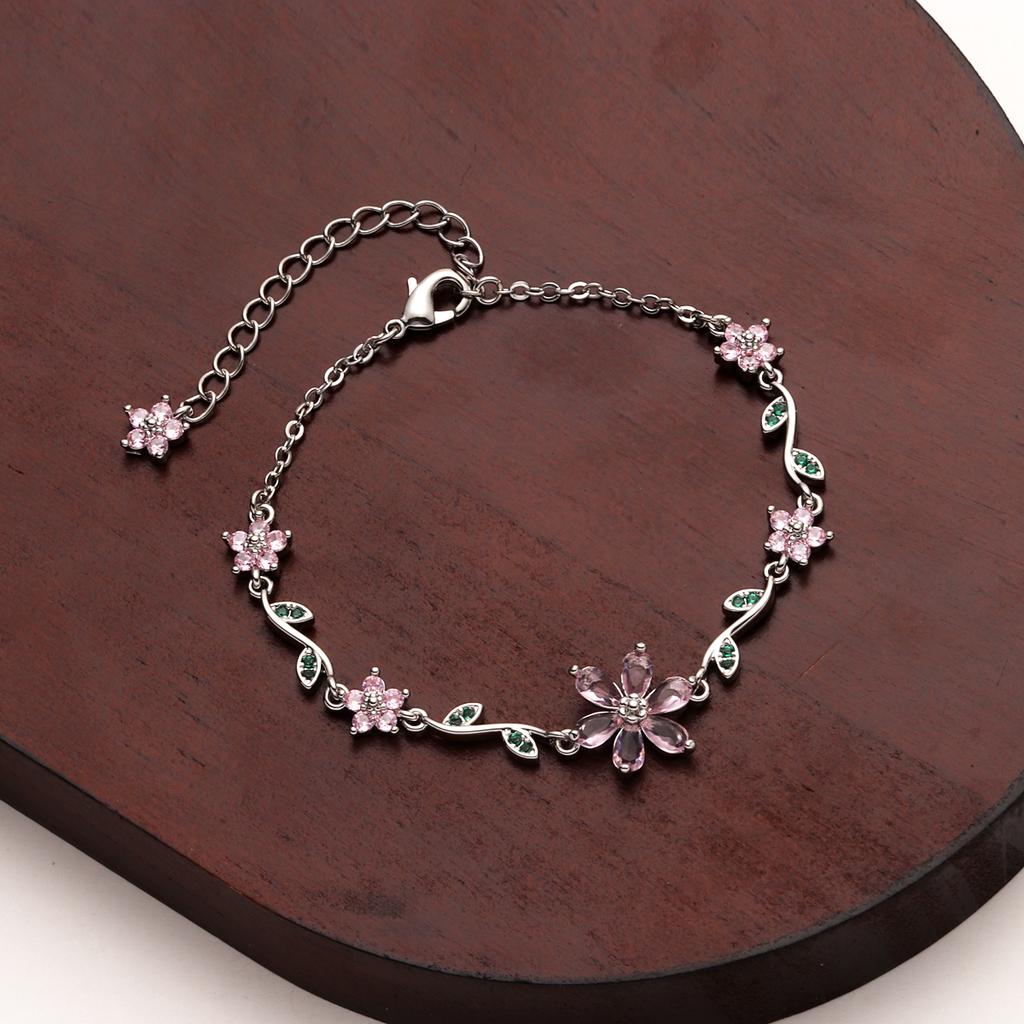 Adjustable Elegant Crystal Flowers Bracelet For Women Y2K Sweet Girls Pink Zircon Bracelets Luxury Designer Jewelry Gift