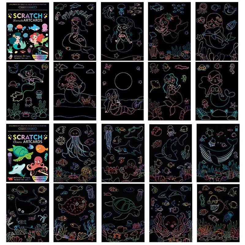 18 PCS Scratch Painting Papers Magic Rainbow Colored Drawing Set Space Animal Ocean Pirate Bamboo Stick Gifts for Boys Girls ZYF