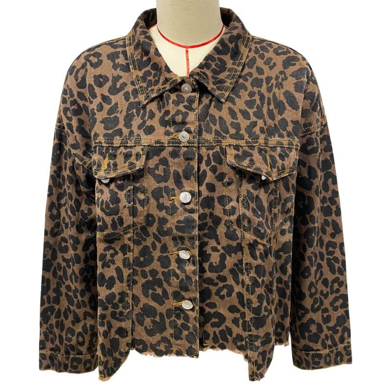 Women's Spring and Autumn Denim Jacket Leopard Print Long Sleeve Short Loose Casual Jacket