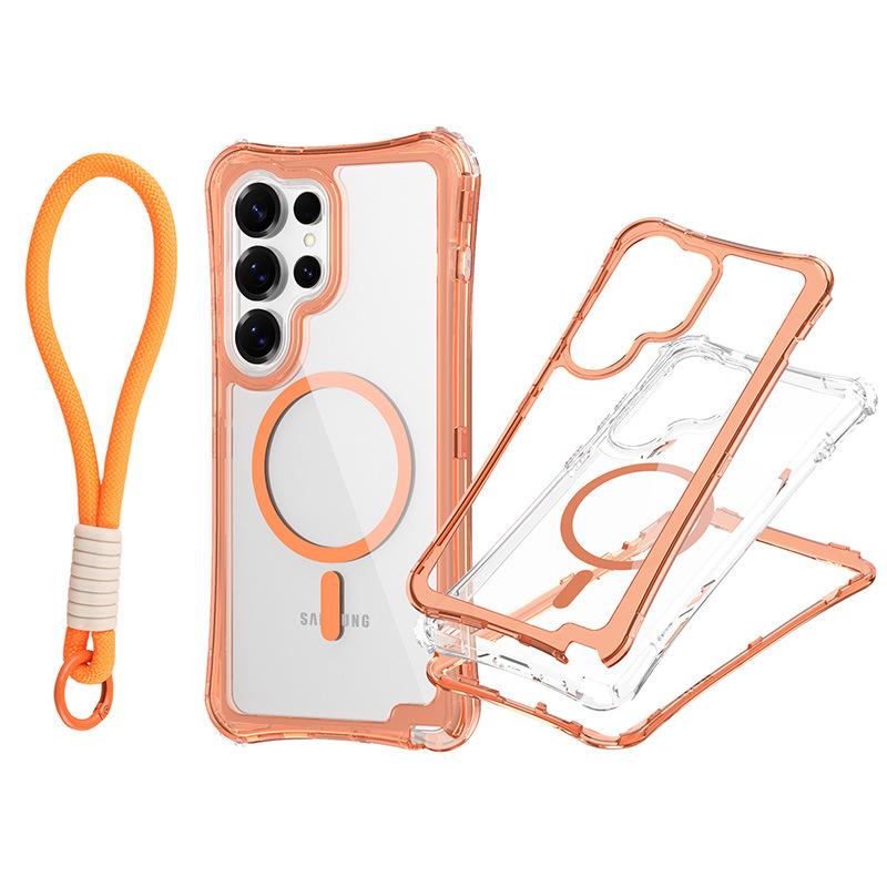 For Samsung S25 Ultra Magnetic Transparent Triple-Function Phone Case with Wrist Strap