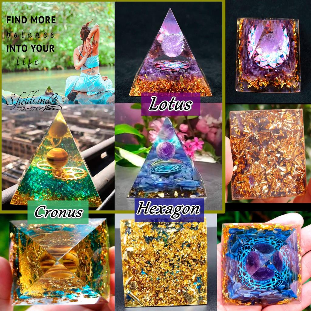 S.fields.inc Crystal Pyramid with Orgonite, Purple Power Stone, and Quartz, 6x6cm (Lotus)