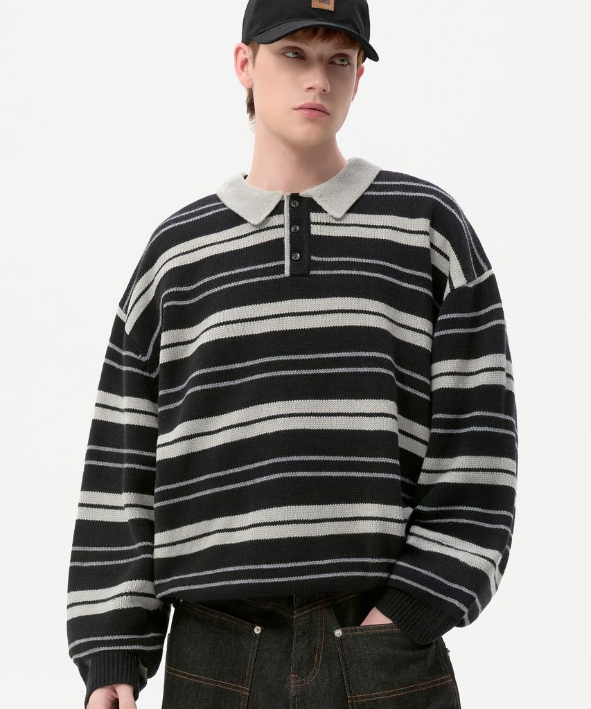 TRILLION Washable Striped Button Collar Neck Knit [Black]