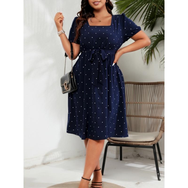 Summer Large Size Retro Polka Dot Dress Women Elegant Slim Waist Cinched Lace Up Square Neck Party Dress Fashion Elegant Sweet Casual Holiday Dresses