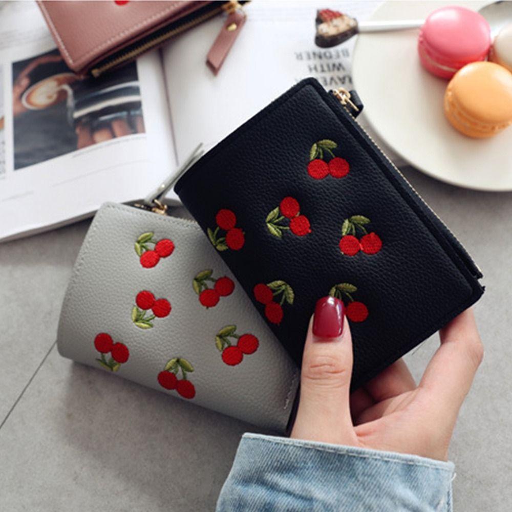 Korean Style Short Clutch Bag PU Leather Zipper Change Bag Temperament Retro Cherry Wallets Women