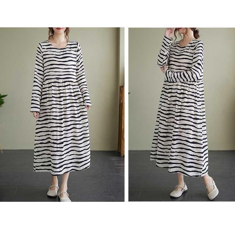 Vintage Literary Style Striped Printed Round Neck Long Sleeve Tie Dress