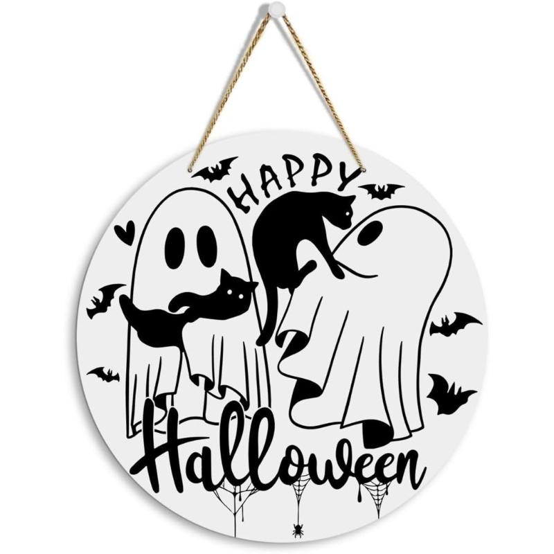 K1AE Halloween Ghostly Door Hanging Sign Decoration Boo Sign Round Sign Farmhouses Front Door Hangers Wreath Home Decors