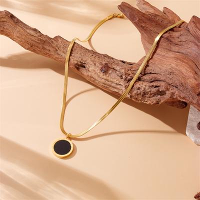 18K Gold Plated Herringbone Necklace with Black Onyx Round Pendant, Dainty Snake Chain Choker for Women, Trendy Jewelry