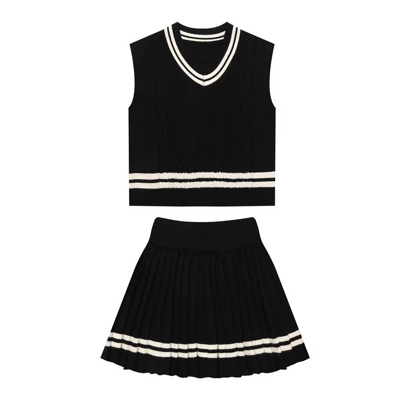 

Kaslead New Arrival Women s Clothing Fashion Style Fashion Minimalist Contrast Color Preppy Style Knitting Vest Mid-Length Dress Set Black L