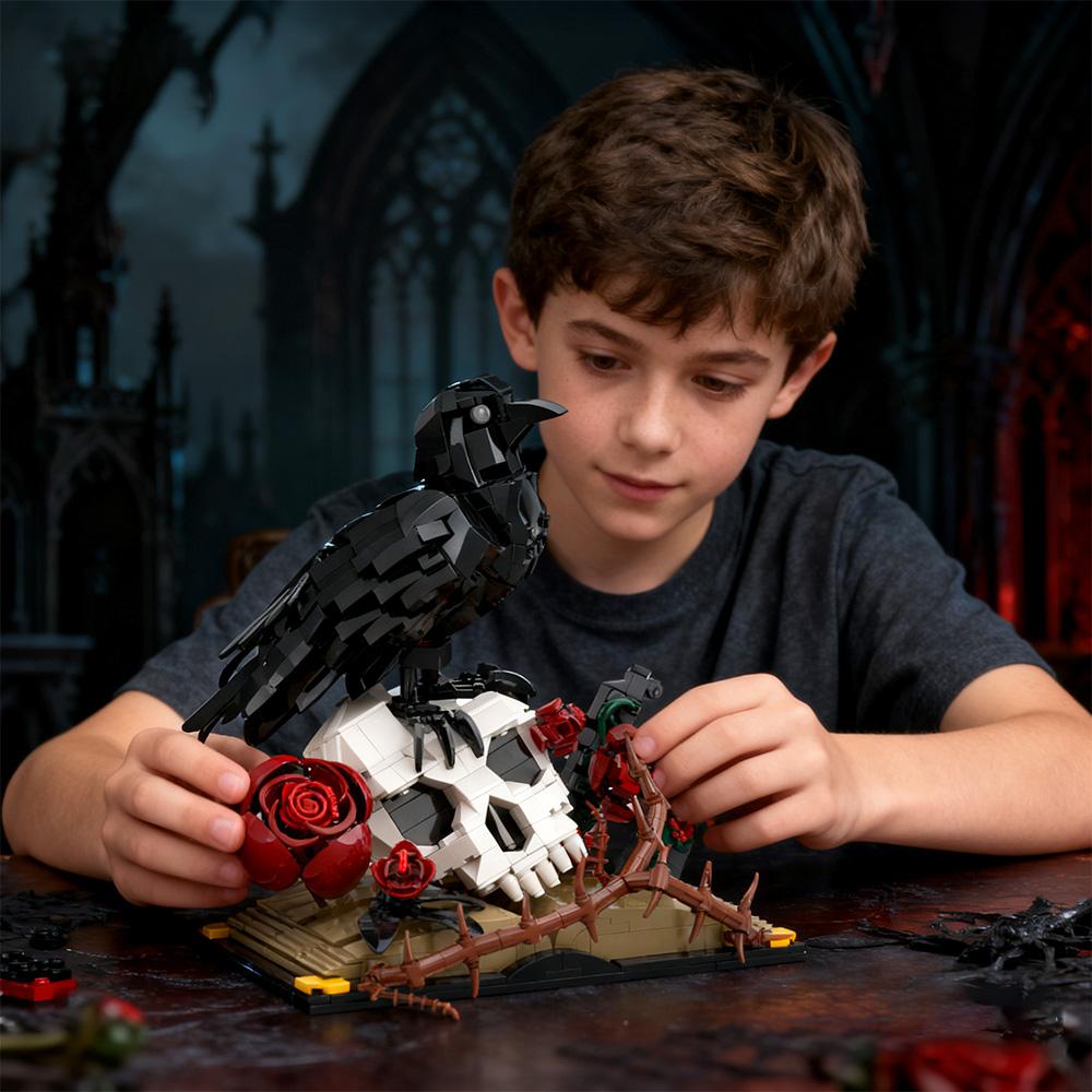 MOC Cranio di Corvo Bouquet di Rose Blocchi da Costruzione Modello Horror Gotico Scheletro Fiori Vaso Piante Mattoncini Giocattoli di Assemblaggio Bambini Regali Fai da Te