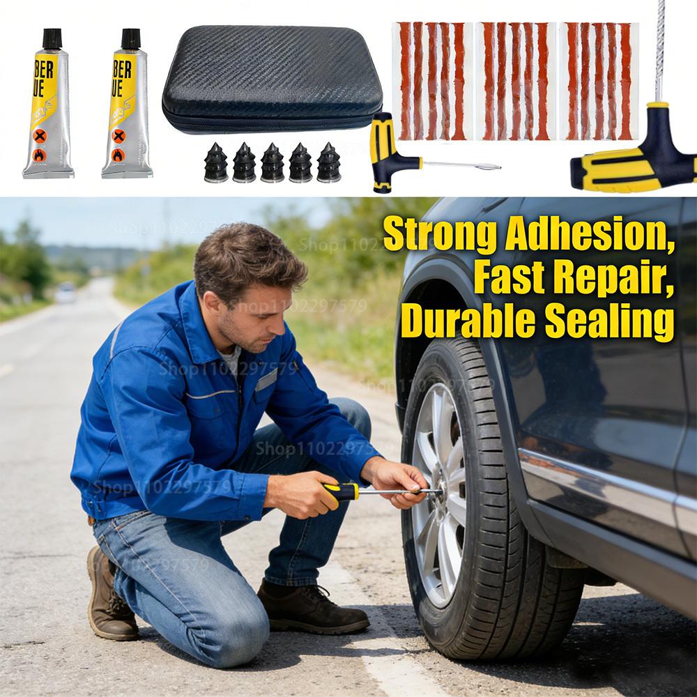 Tire Repair Kit Emergency Tyre Puncture Plug Tool Set with Repair Glue & Rubber Strips for Car Motorcycle Bicycle