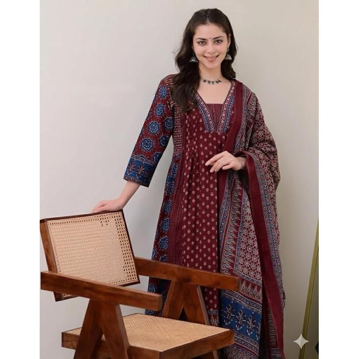 Women Anarkali Kurti Pant Dupatta Set Indian Bollywood Ethnic Kurta Set Dress