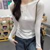 Half-open button-up shoulder slim-fitting long-sleeved shirt women's early spring new solid color versatile temperament backing white top