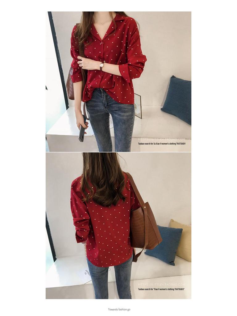 Women's Plus Size Polka Dot Chiffon Long-Sleeve Shirt - Hong Kong & Korean Style