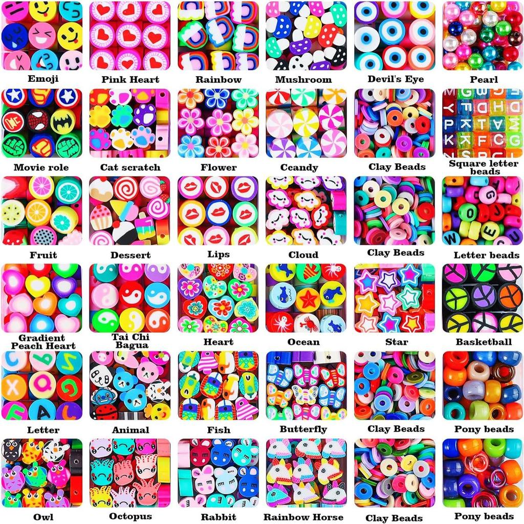 Cross-border DIY Bracelet & Necklace Kit: 36 Polymer Clay Beads with Fruit, Animal, Letter, Horse Pendants