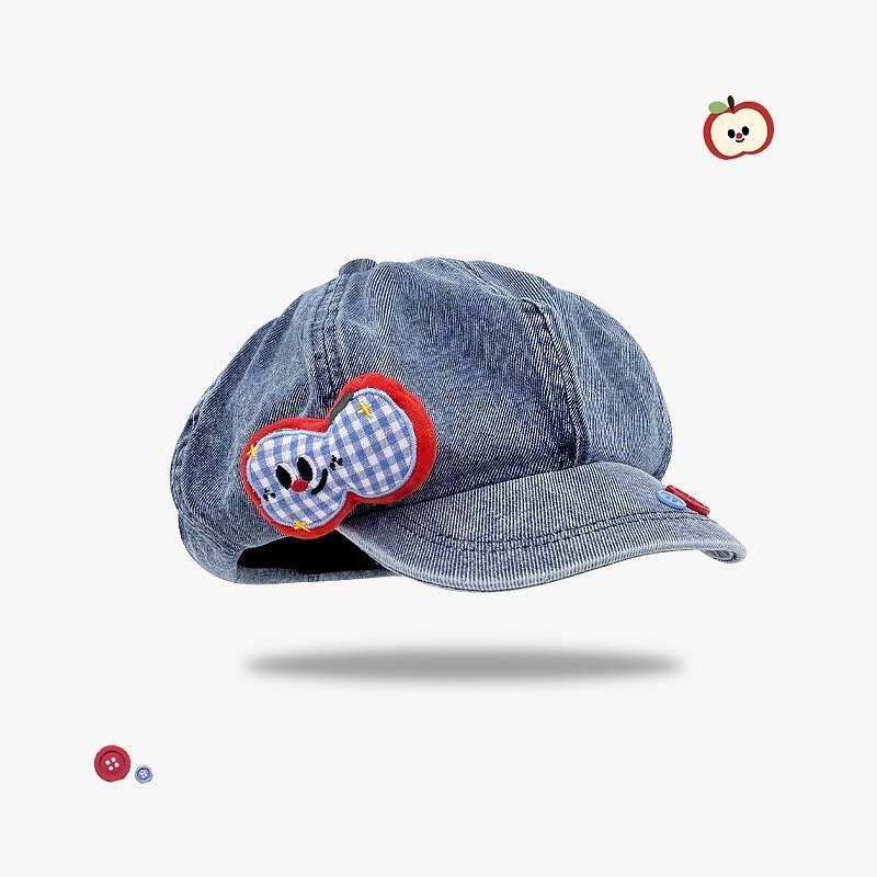 Fruit Apple Button Denim Beret Hat With Cloud Design For Womens Spring Casual