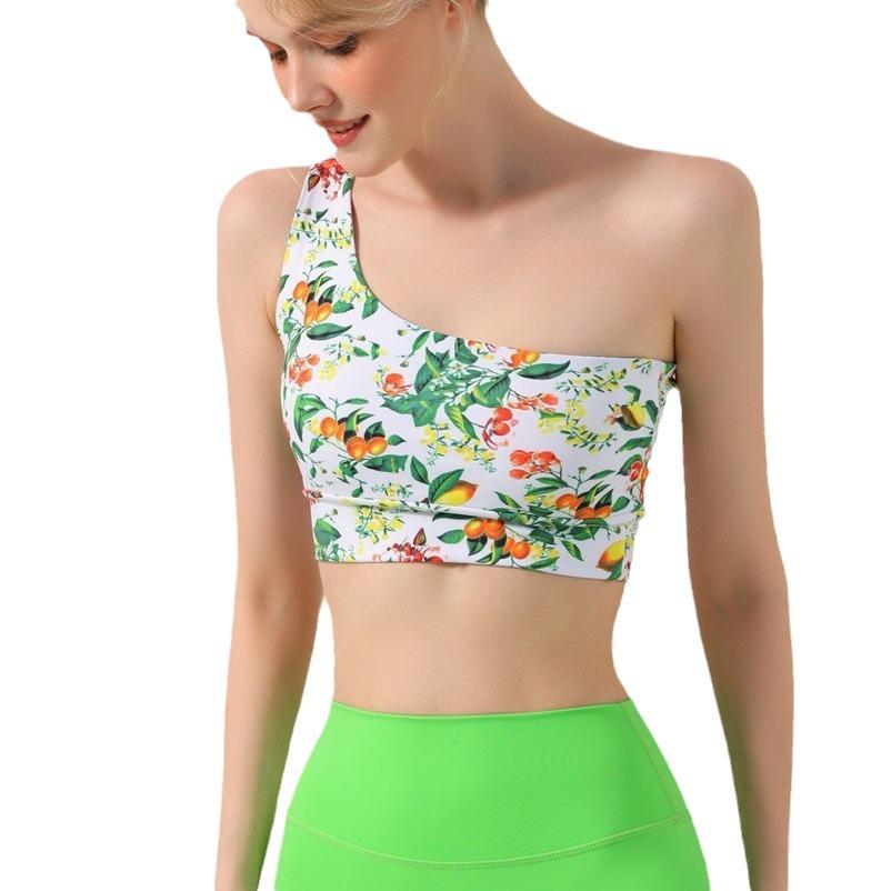 Blumiges Ein-Schulter-Yoga-Weste-Set: Damen Sport-BH & Fitnesshose mit Brustpolstern