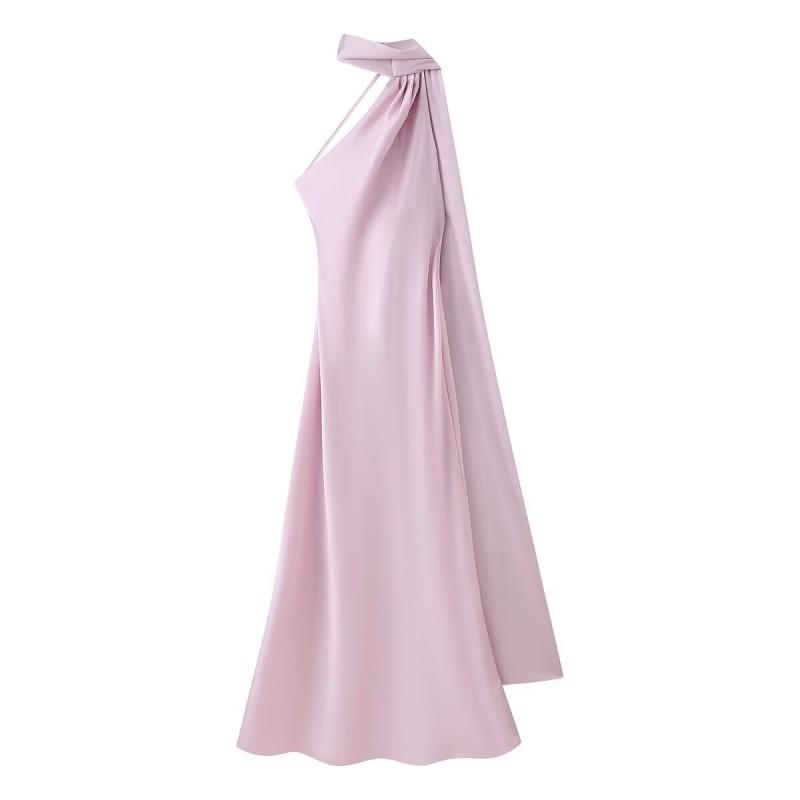 Elegant Off-Shoulder Backless Wrap Tie Neckline Maxi Dress Women 2025 Slim Fit High Waist TR Fabric