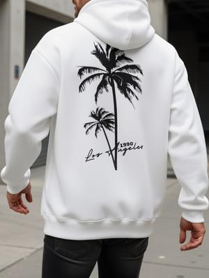 Men's Palm Tree Print Hoodie: Comfortable and Casual Street Style for Autumn and Winter, Long-Sleeved Pullover, Loose Hip Hop Top
