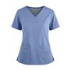 Women's Fashionable Solid Color V-neck Double Pocket Short Sleeved Shirt With Slit Hem Uniform And Worker Top