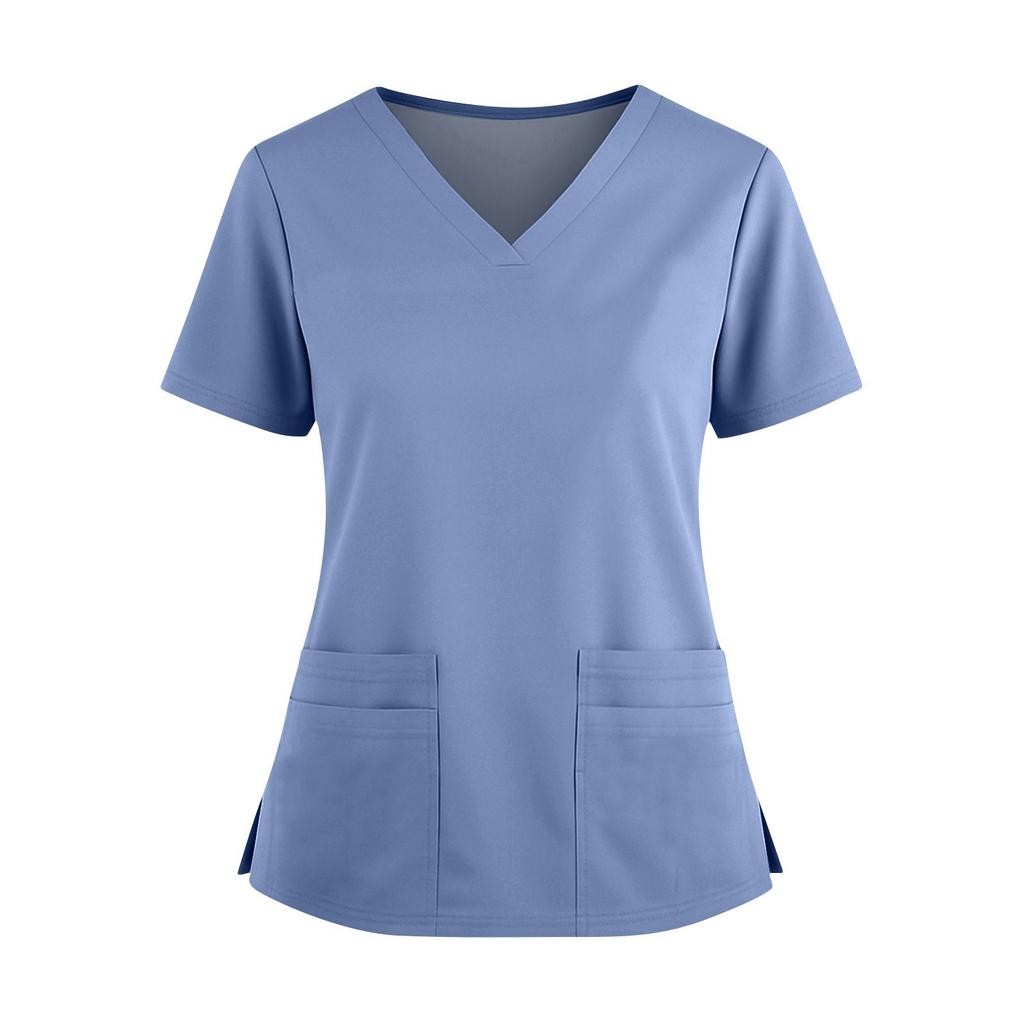 Women's Fashionable Solid Color V-neck Double Pocket Short Sleeved Shirt With Slit Hem Uniform And Worker Top