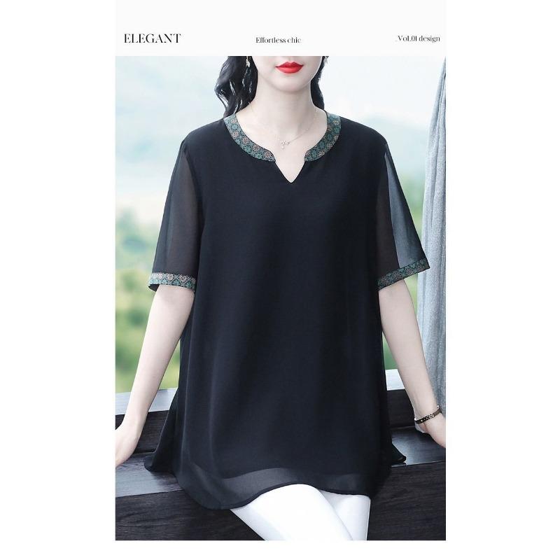 Short-sleeved Shirt for Women Summer New Plus Size Women's High-end Ethnic Style Chiffon Shirt Top