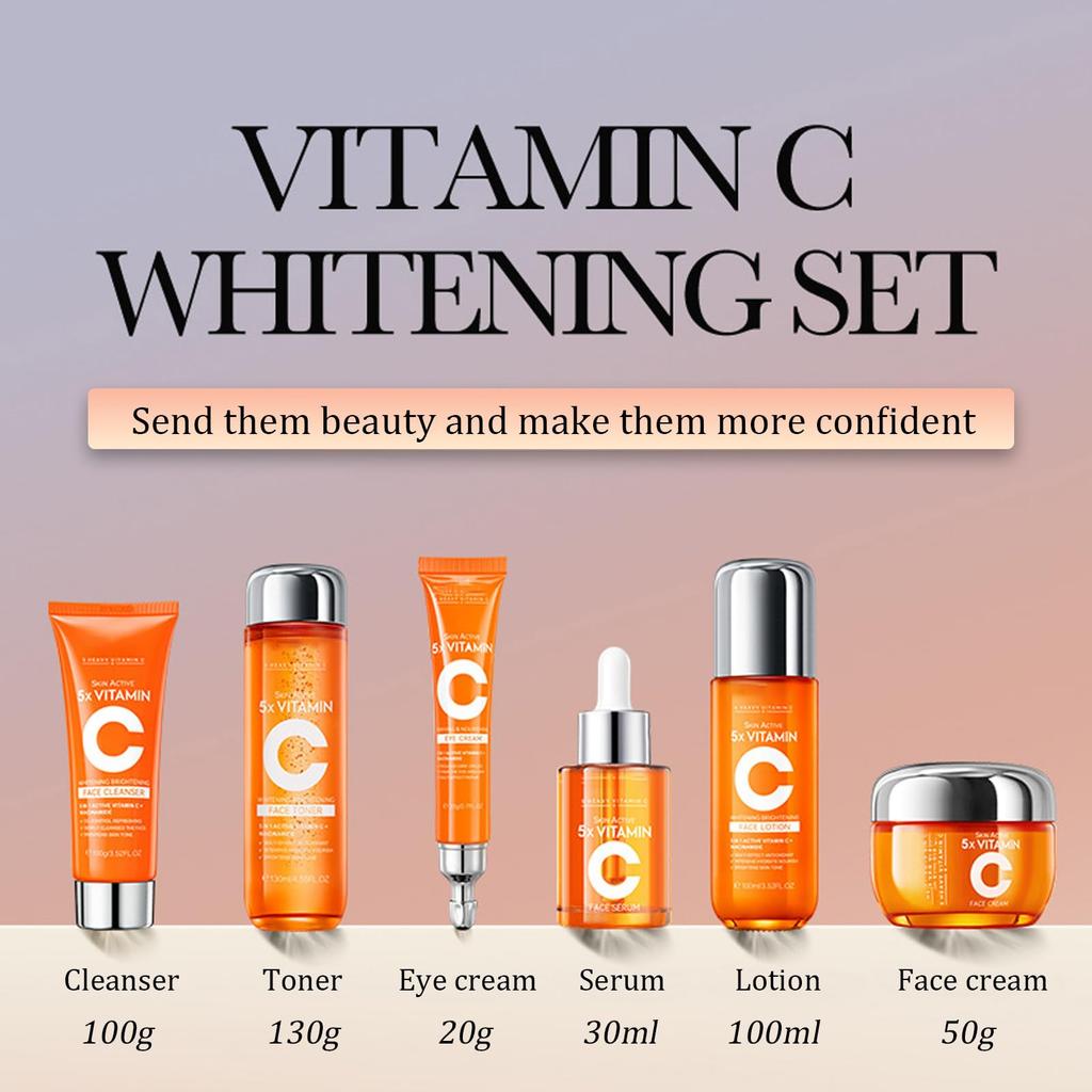 Vitamin C Skin Care Set, 6-in-1 Skin Care Set, Cleanser, Toner, Essence, Moisturizer, Eye Cream and Body Lotion, Anti-aging, Anti-wrinkle