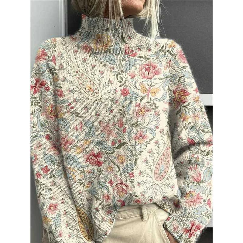 Womens Christmas Print High Neck Sweater Loose Fit Casual Long Sleeve Top