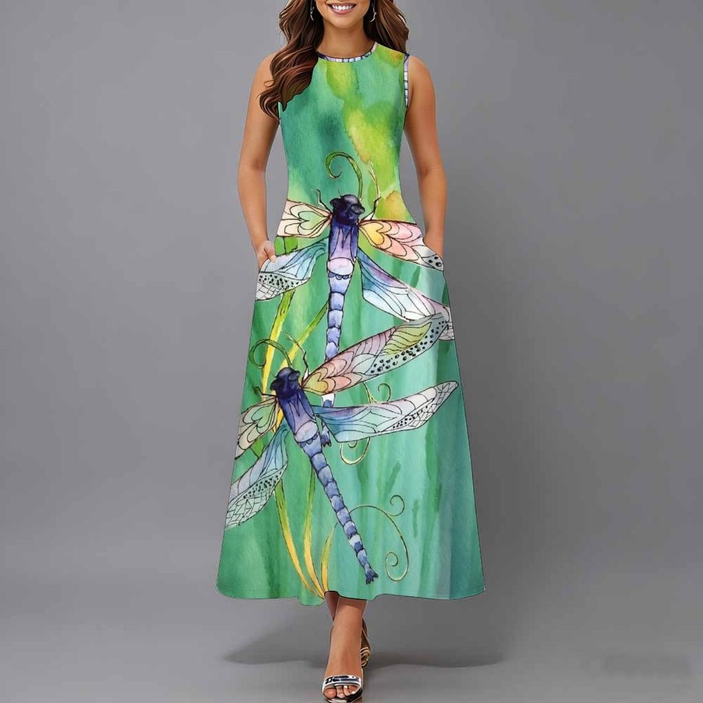 Women Plus Size Sleeveless Round Neck Dress Graceful Climbing Floral Vines Flowy Mid Calf Gown