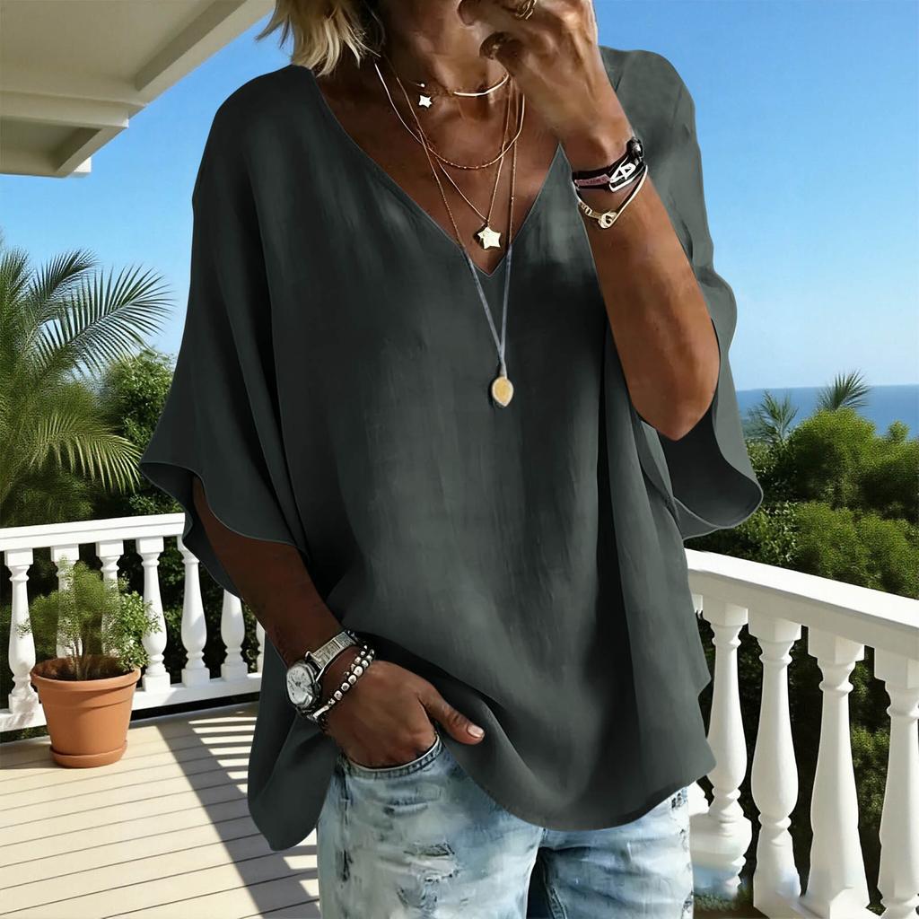 TIFICY Women's Fashion Casual Summer Spring Solid Color Print 1/2 Sleeves V-Neck Blouses & Shirts
