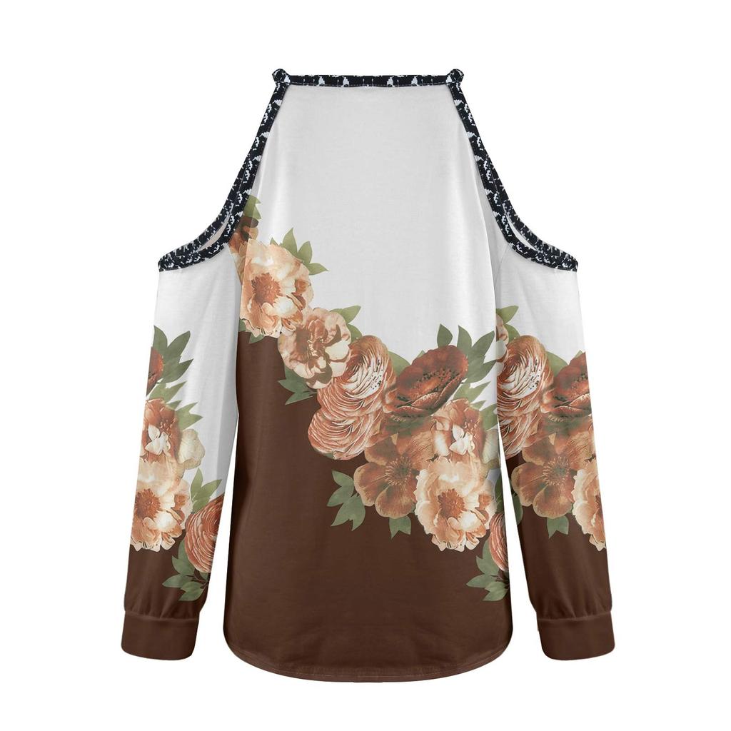 Women's Fashion Casual Temperament Flower Round Neck Off-shoulder Matching Color Long Sleeve T-shirt Top