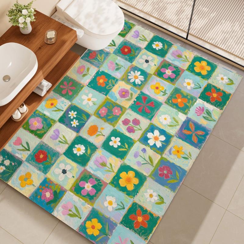 Bath Mat Oil Painting Floral Mosaic Grid Vintage Colorful Flower Non‑Slip Absorbent Rug Bathroom Shower Decor