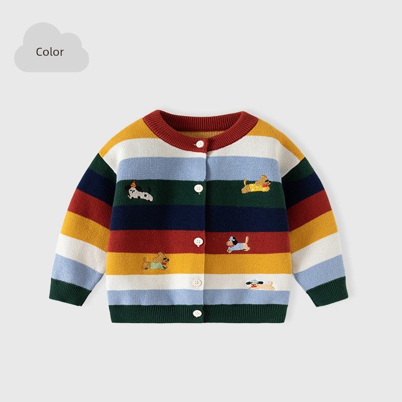 Детский полосатый вязаный кардиган с градиентными блоками Весна и Осень Детская одежда Мальчишеский кардиган-свитер Детская куртка Парк с животными Color-Bd949 100