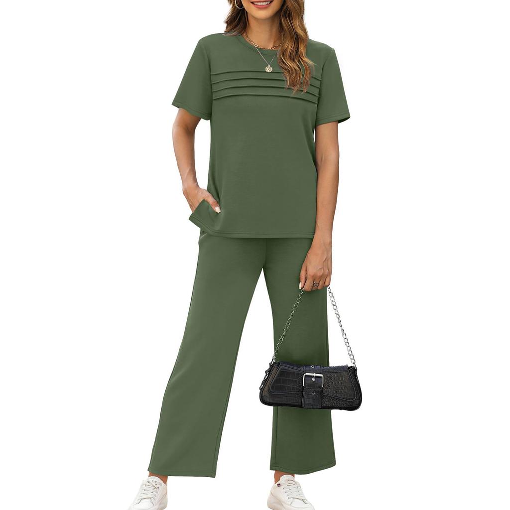 Women's Fashion Color Round Neck Short Sleeved Pleated Top With Drawstring Pockets Casual Pants Sports Two,piece Set
