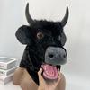 Halloween Moving Mouth Ox Horn Mask Scary Black Bull Head Cover Plush Animal Headgear Party