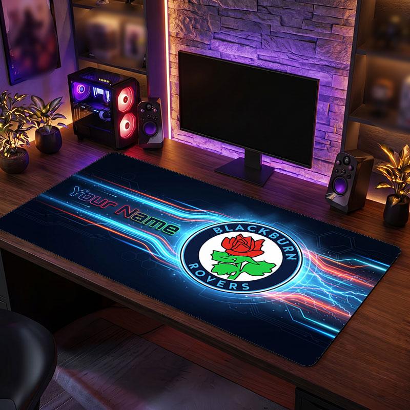 Blackburn Rovers FC Custom Large Mouse Pad, Personalized Name Text Print, Football Logo Non‑Slip Desk Mat Gaming Gift