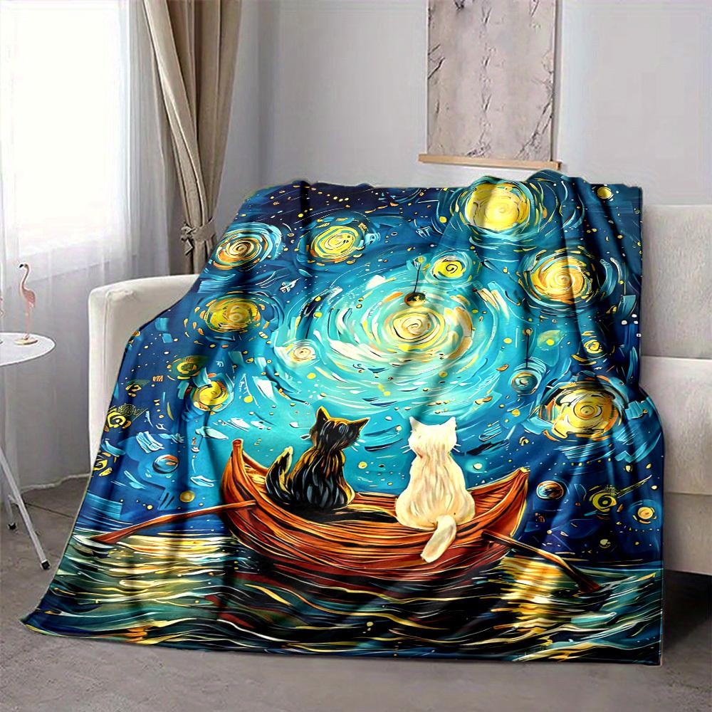 1pc Cat Night Lightweight Flannel Blanket, Comfortable and Warm Blanket, for Office and Camping Sofa Bed, Livingroom106