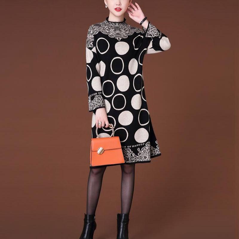 Fashion Vintage Printed Midi Dress Women's Long Sleeve Casual Polka Dot Autumn Winter Half High Collar Knitted