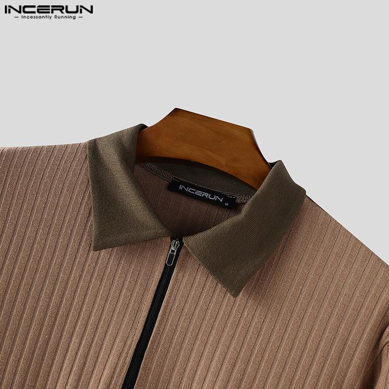 INCERUN Autumn Men Lapel Neck Long Sleeve Stitching Patchwork Rib Knitted Pullovers Tops