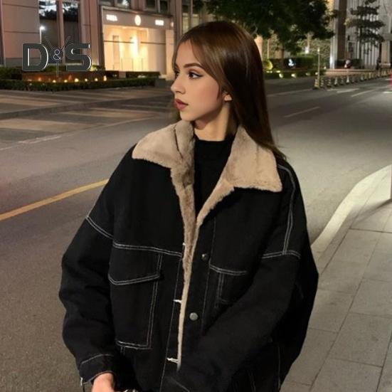 Kurtka damska gruba pluszowa podszewka jednolity kolor z kieszeniami klapa jednorzędowa długie rękawy ciepła luźna kurtka dżinsowa codzienny płaszcz na zewnątrz