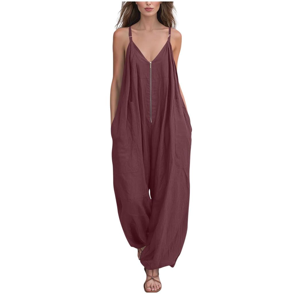 Damen Mode Einfarbiger Reißverschluss V-Ausschnitt Verstellbarer Träger Lockerer Schnitt Ärmellos Weiter Bein Jumpsuit mit Taschen für Freizeitkleidung