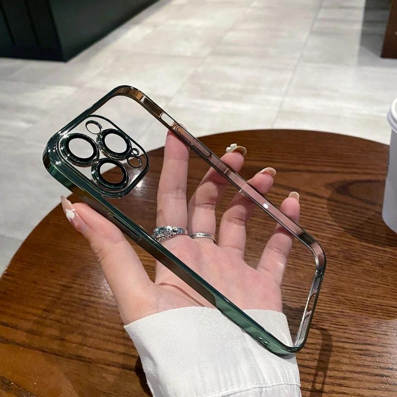 Luxusní pokovený průhledný silikonový kryt na telefon pro iPhone 16 15 14 13 12 11 Pro Max Plus X XR XS Mini kryt s ochranou objektivu zadní kryt