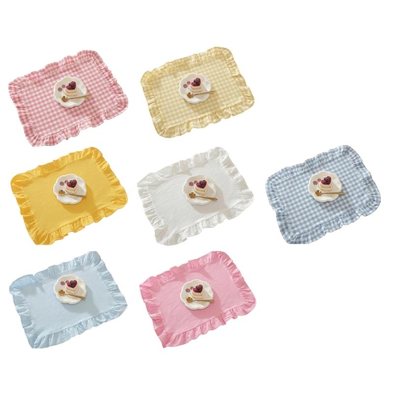 French Design Cloth Placemat Ruffle Edges Gingham Plaids Washable Table Mat For Banquets Wedding Parties Home Decors
