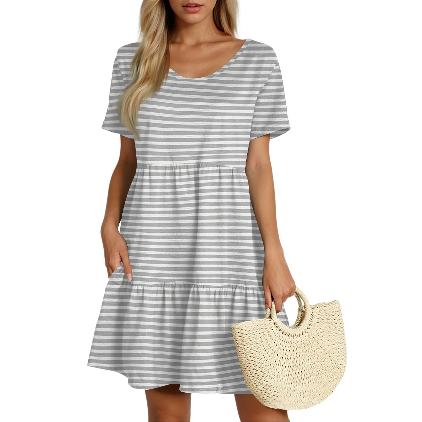 

Women s Casual Fashion Round Neck Short Sleeve Striped Print Cake Skirt XL